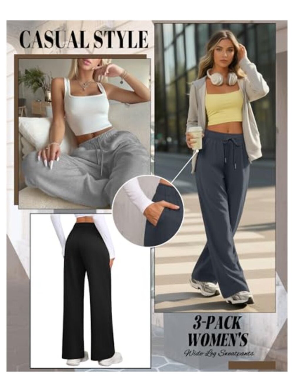 Wide Leg Sweatpants Baggy Lounge Pants 3 Pack Pull-On - Picture 3 of 6